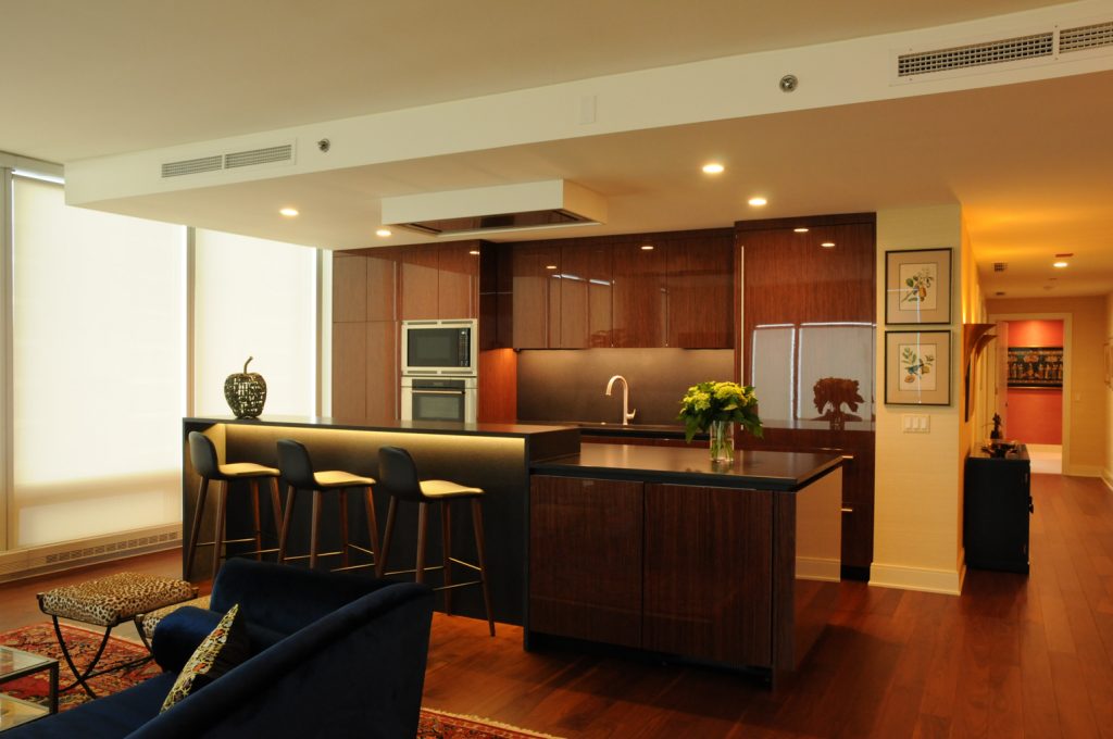 Kitchen with rich wood in a condominium renovation Formlinea Design Build, Chicago IL