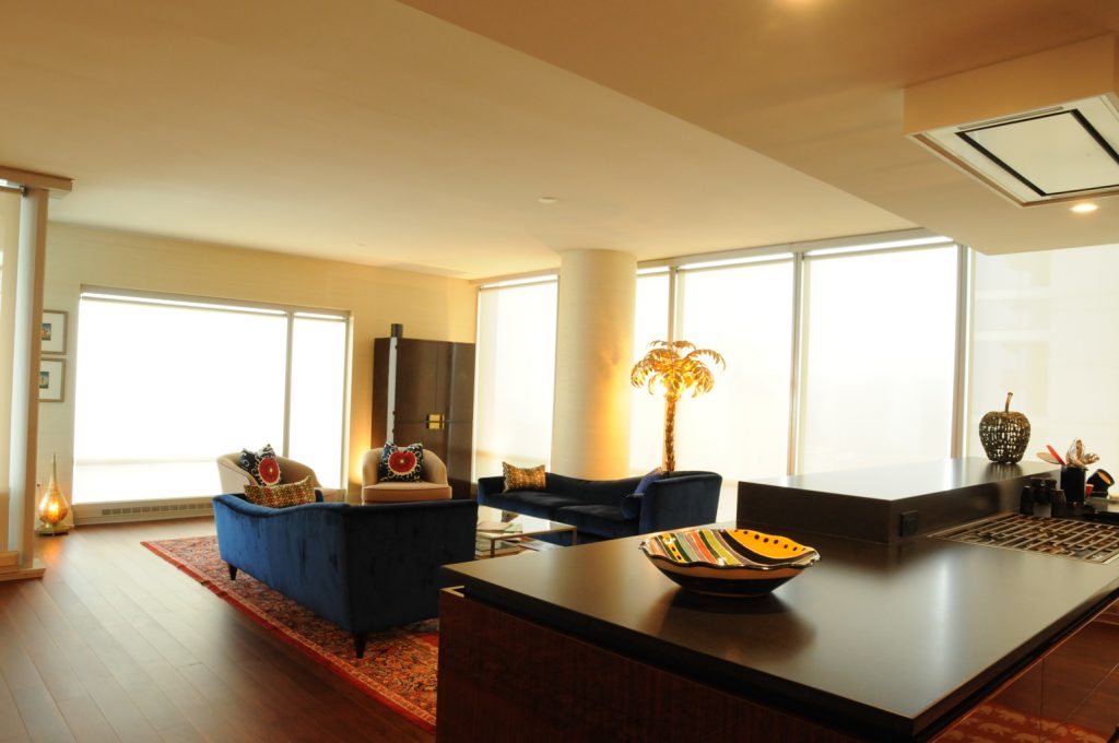 Living room windows in a condominium renovation Formlinea Design Build, Chicago IL